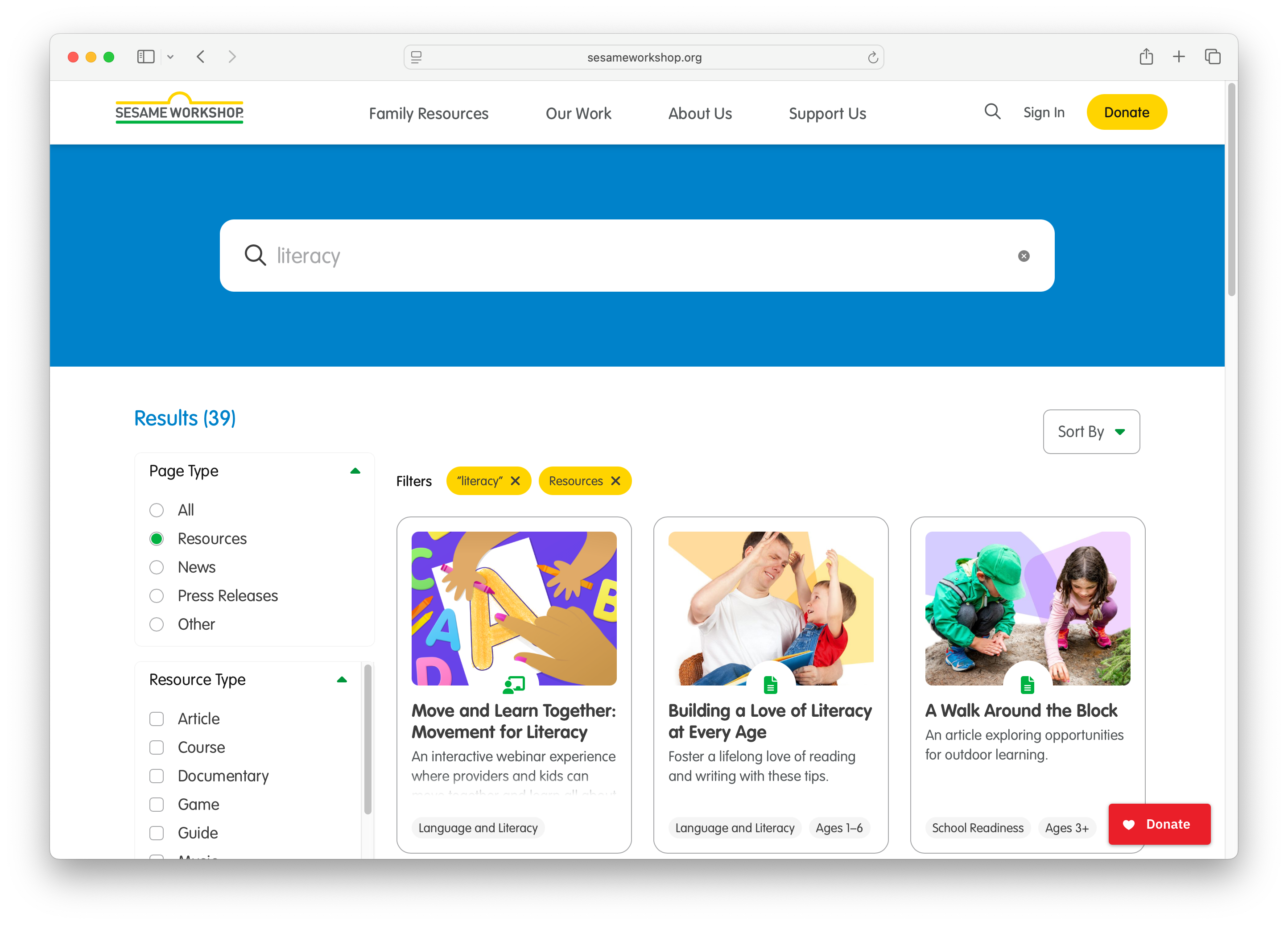 "literacy resources in faceted search results"