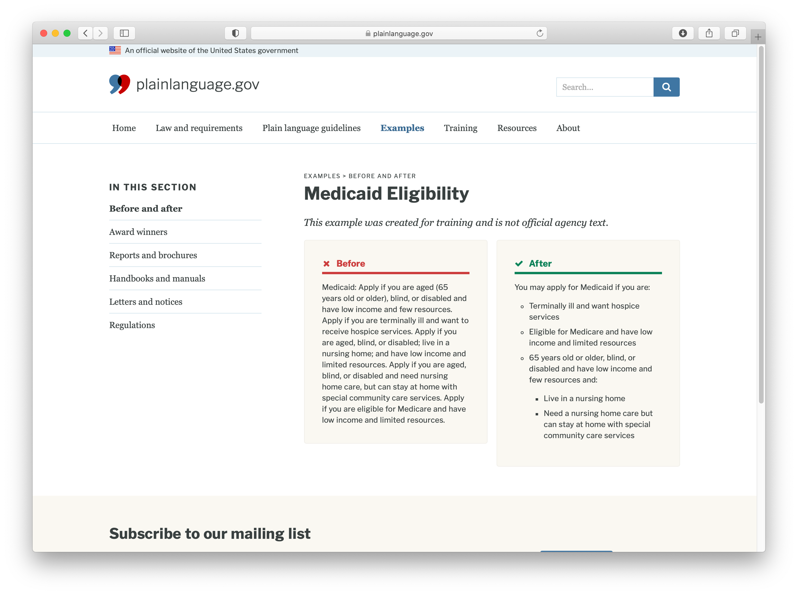 Plain language example showing Medicaid content broken into a bullet list for clarity and readability