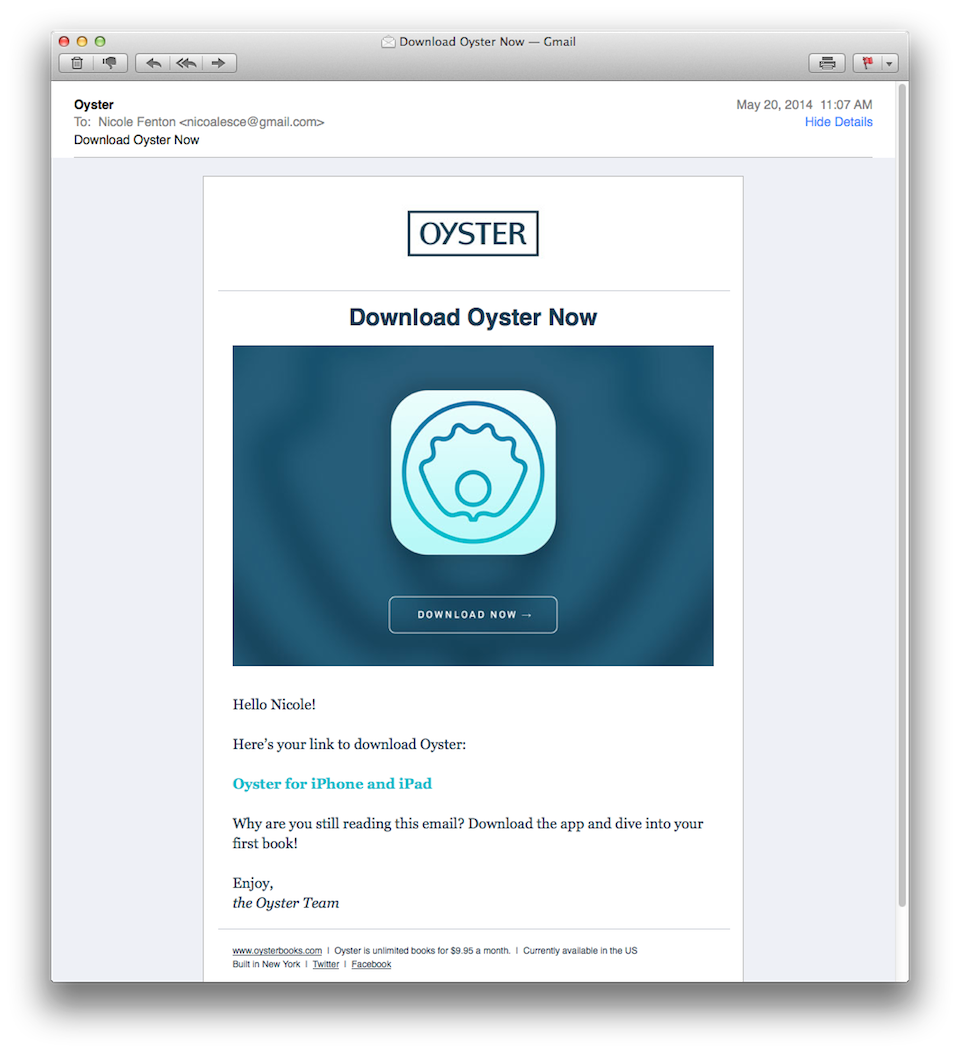 oyster notification email