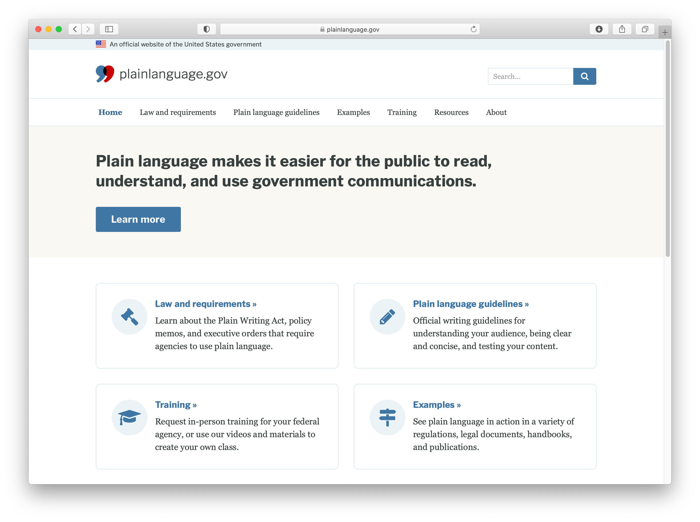 Screenshot of plainlanguage.gov from October 2020