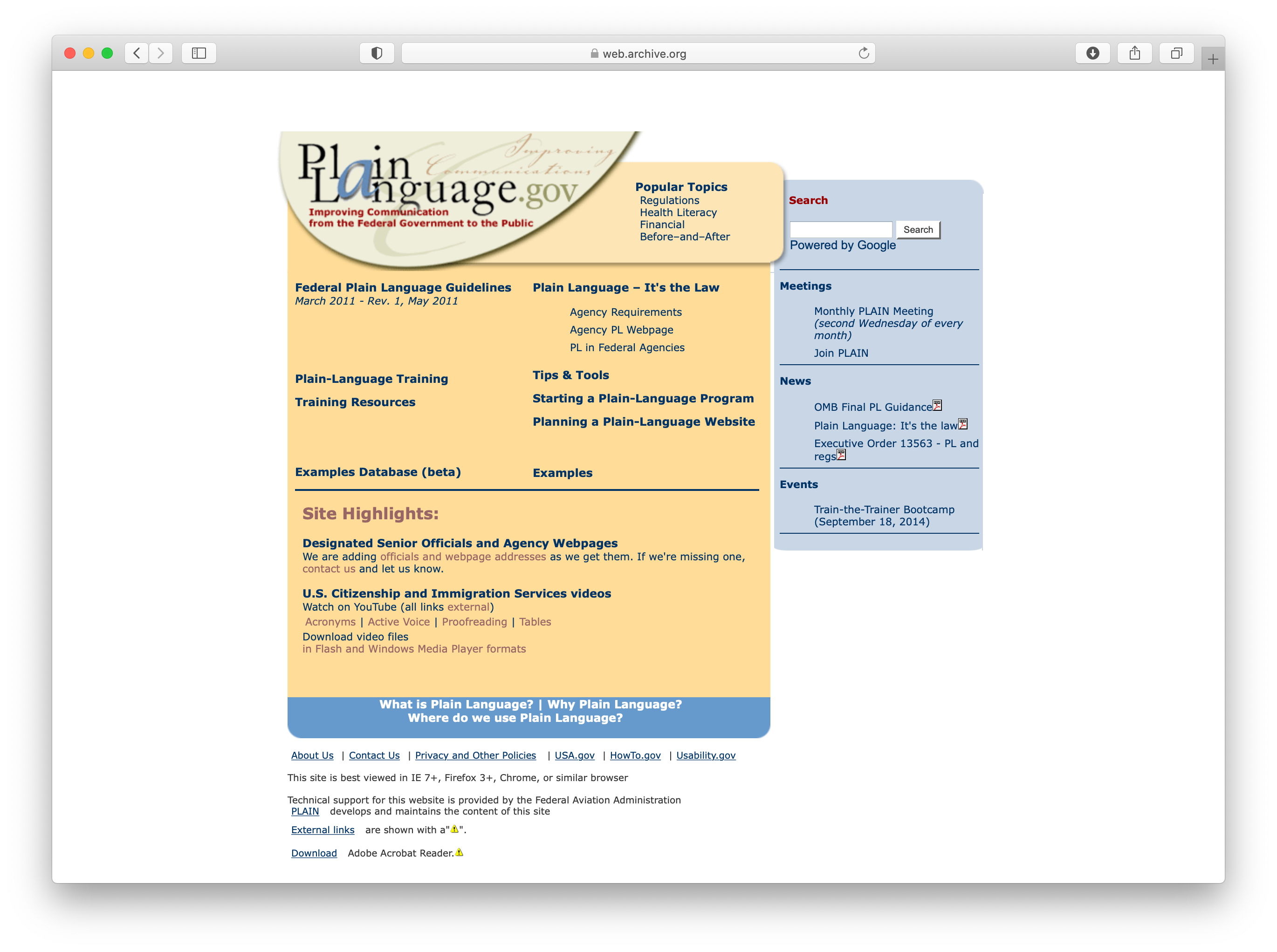 Screenshot of plainlanguage.gov from March 2017, showing an older design and small type