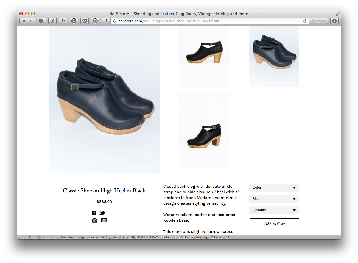 Product page for No6 high heel clogs in black leather